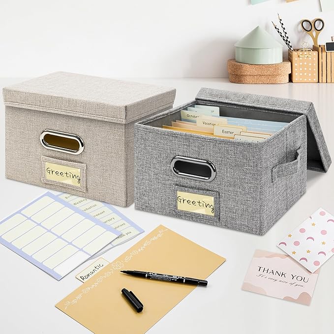 Remowith Greeting Card Organizer and Storage Box with 20 Pcs Adjustable Dividers, Storing Cards with 84 Pcs Labels Perfect for Storing Greeting Cards, Envelopes, Photos 1 Pack Beige