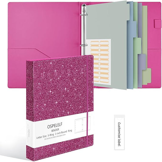 Ospelelf Vintage Hardcover 3 Ring 1 inch Leather Binder, Professional Binders Organizer Suitable for Letter Size Documents, Binder Dividers with Tabs, Glitter Rose Red