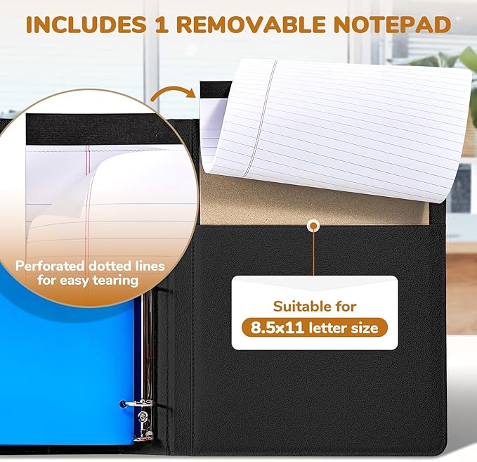 JoyCat 3 Ring Binder Clipboard with Storage,12.4"x10.2"Magnetic Clipboard Folder with 5 Expandable Folders,Refillable Lined Notepad (11" x 8.5"),Ideal for School Office Nursing(Black)