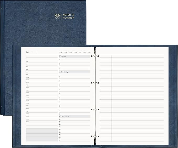 EMSHOI Undated Daily Planner 9.2" X 12", A4 To Do List Notepad, 240 Pages Ring Binder Planner Hardcover Leather Notebook for Work Business Meeting, with Yearly Schedule, Habit Tracker, Blue