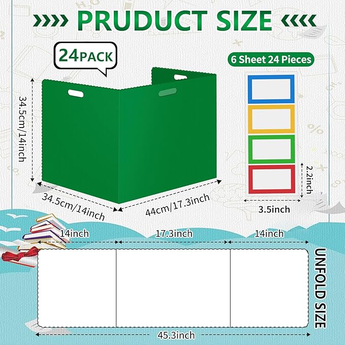 24Pack Desk Dividers for Students 14 × 17.5 × 14 Inch Plastic Durable and Waterproof Black Privacy Folders Shields Test Dividers with Classroom Privacy Boards for School Study Supplies (24PCS Green)