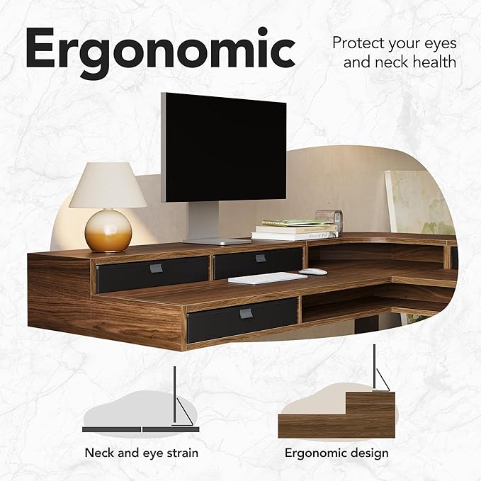 HUANUO 65.5" × 57.6" Electric L Shaped Standing Desk with 6 Storage Drawers, 2-Tier Corner Sit Stand Desk with Power Strip Tray & Cable Grommets, Height Adjustable Computer Gaming Table, Walnut
