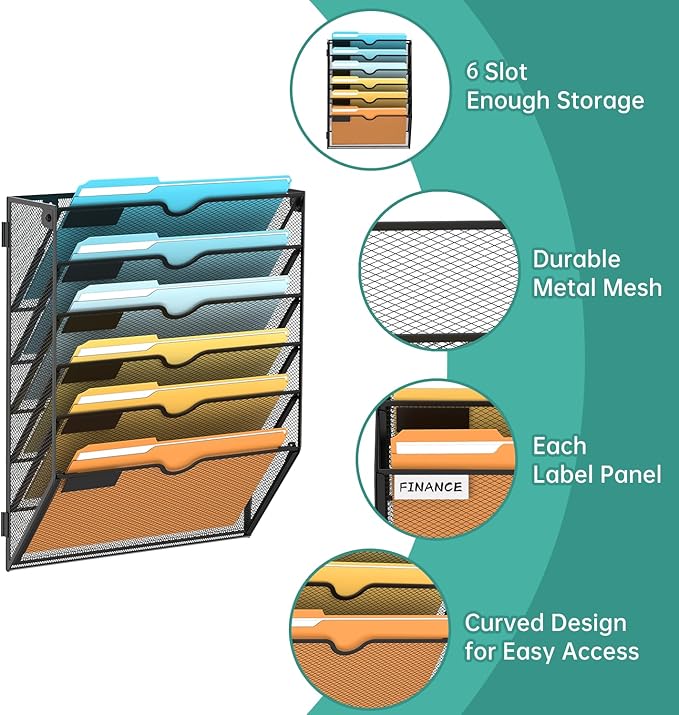 SUPEASY Wall File Organizer Mesh Office Mail Holder, Hanging Wall Organizer Magazine Rack for Office Black, 6 Tier