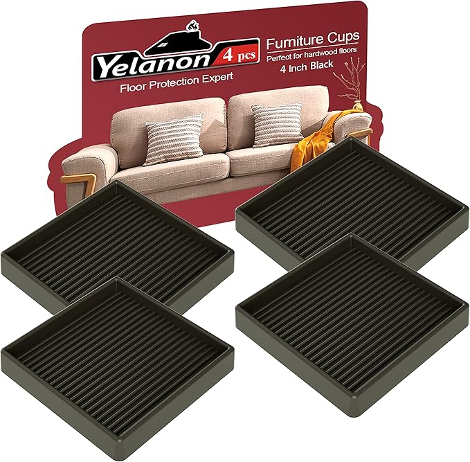 Yelanon Furniture Coasters,4 Pcs 4” Furniture Caster Cups - Non Slip Pads Hardwood Floors - Non Skid Furniture Grippers, Rubber Furniture Feet, Anti Slide Floor Protector for Bed Couch Stoppers