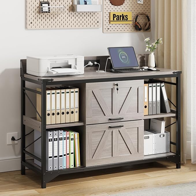 AesthLife 44" File Cabinet for Home Office, Wood Filing Credenza with Built-In Power Outlet, 2 Drawer File Cabinet with Lock, 4 Open Shelves, Metal Shelf, Adjustable Drawer fit to Legal/Letter/A4 Size