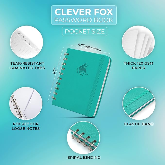 Clever Fox Password Book Spiral – Mini Internet Address & Password Organizer with Laminated Alphabetical Tabs – Small Password Keeper Journal – Hardcover, Pocket Size, 4.7x5.7” (Turquoise)