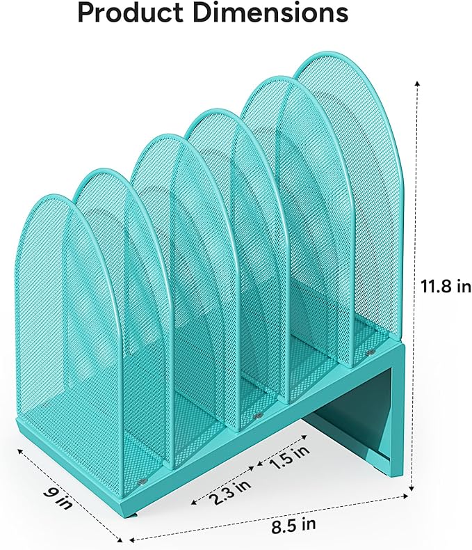 OUTIOE 5-Section Desk File Organizer, Metal Mesh Folder Organizer for Documents, Mail & Office Papers (Blue)