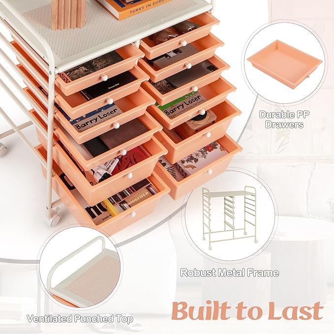 LDAILY 12 Drawer Rolling Storage Cart, Craft Cart Organizer on Wheels w/Metal Frame, Large Capacity & Smooth Drawer, Rolling Cart w/Drawers for Classroom, Office