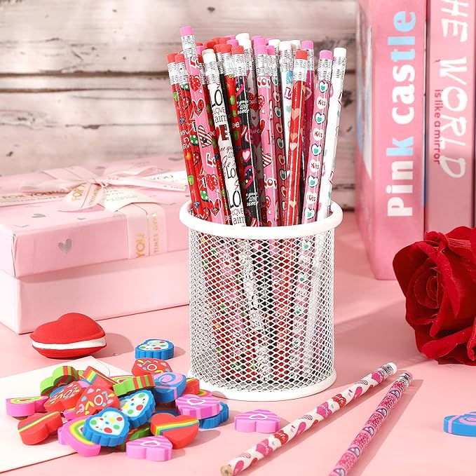 JULMELON 72PCS Valentine's Day Party Favors Set,36PCS Valentines Pencils with 36PCS Heart Erasers, Wooden Pencils for Kids School Classroom Office Party Reward Supplies
