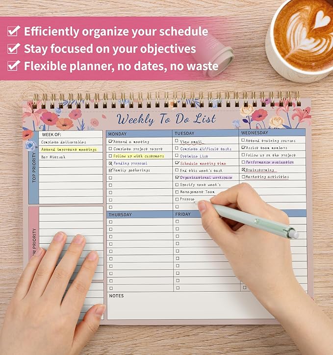 104 Pgs Weekly To Do List Notepad, 52 Duplex-Printed Undated Sheets 100 GSM（8.5"×11") Weekly Desk Planner For Work Home School Office Desk Accessories Supplies & Goal Setting Tasks -Pink Floral