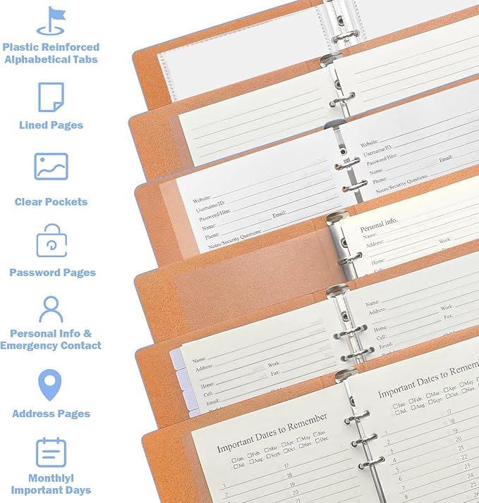 Reﬁllable Address Book with Alphabetical Tabs, Blue Hardcover Phone Book 648 Contact Book with 48 Passwords Combo Book, Large Prints, Easy for Seniors, Home Oﬃce, A5