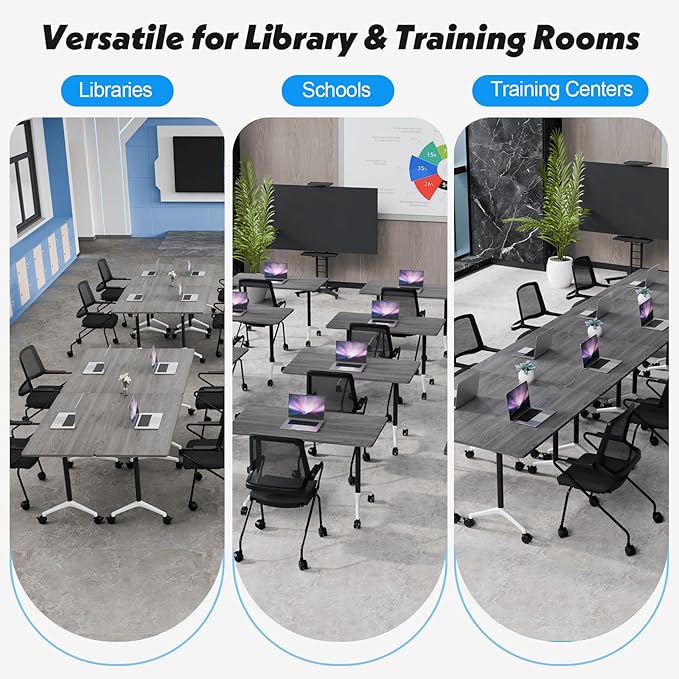 Goakwwuz Conference Room Table, Folding Conference Tables,Thicken Grey Tabletop,Flip Top Wooden Seminar Meeting Room Table for Conference Room Offices (4, Grey, 70.8”)