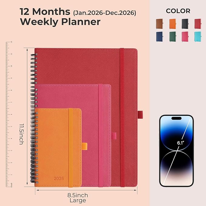 IN-LUXPRO Planner 2026 Daily Weekly and Monthly,11.5"x8.5",12 Months Spiral Bound Calendar Agenda with Self-adhesive Pen Holder,2026 Appointment Book with Vegan Leather Soft Cover,Red