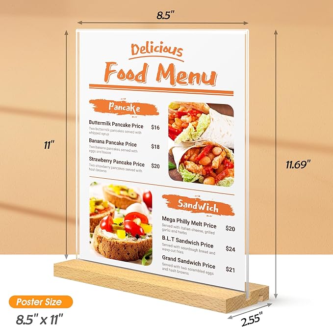 8.5 x 11 Acrylic Sign Holder with Wood Base - Tabletop Display Menu Stand - Clear Plastic L/T Shape Vertical or Slant Back Paper Holders - 3 Pack