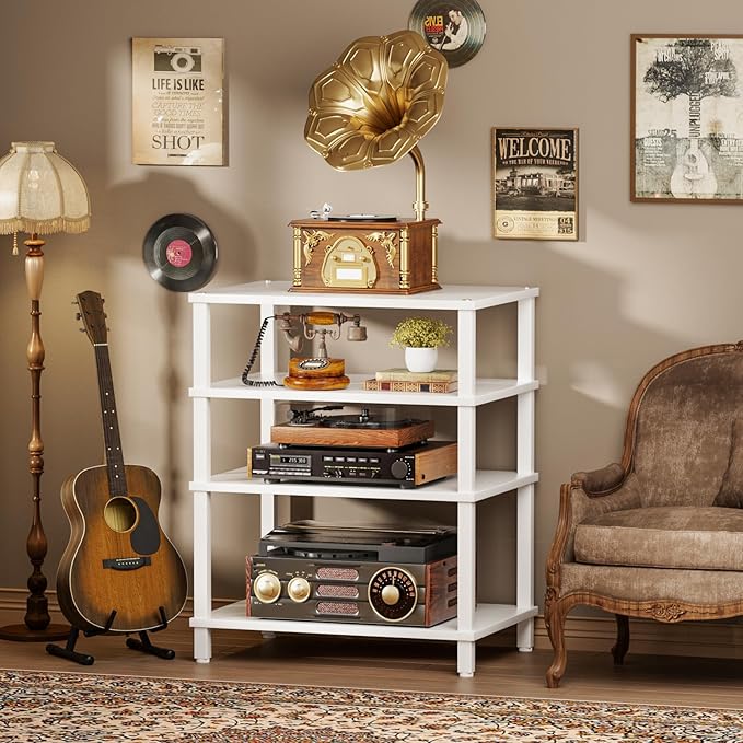 LELELINKY 4-Tier AV Media Player Stand Set of 2, White Stereo Cabinet, Wooden TV Stand,Game Console Shelf, Multifunctional Entertainment Center, Suitable for Home, Conference Room, Game Studio