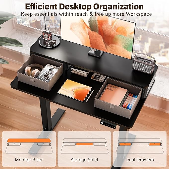 Kingant 40 x 24 Inch Electric Standing Desk with Dual Drawers, Height Adjustable Sit to Stand Computer Desk with Storage Shelf and C-Clamp Mount Compatibility for Home Office, Black