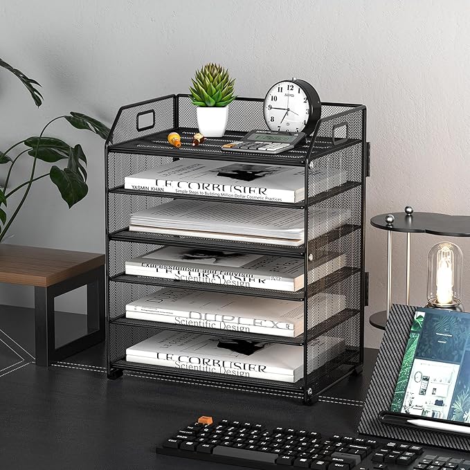 6 Tier Desk Organizer, Heavy-Duty Thick Metal Letter Tray Organizer, Large Capacity Desktop File Organizer for Heavy Files, Easy to Assemble for Home, Office & Classroom,Black