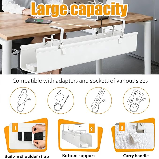 Oxford Cloth Under Desk Cable Management Tray,No-Drill 48" Desk Cable Management Organizer with Clip/Screw Installation,Fabric Cable Management for Home,Office & Gaming Computer(White)