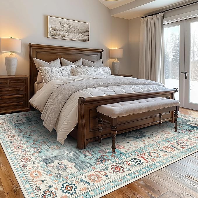 GENIMO 9x12 Area Rugs for Living Room, Machine Washable Non Slip Rugs, Low Pile Lightweight Vintage Print Rug for Bedroom, Dining Room, Home Office, Cyan/White
