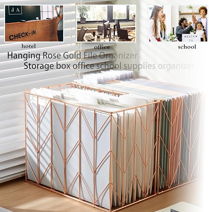 Fei Bi Hanging rose gold file organizer with 12 letter sized hanging folders, file basket, file box, storage box, office and school supplies