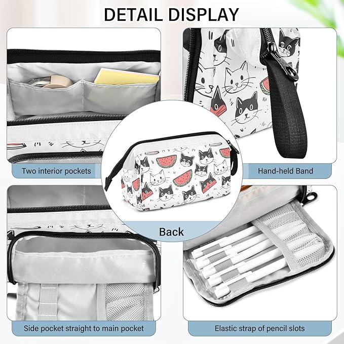 Bolaz Big Capacity Pencil Pen Case Pouch Bag School College Office Organizer for Teens Girls Adults Student-Cartoon Cat and Watermelon