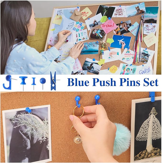 200 Pieces Push Pins Set, 5 Types Blue Thumb Tacks Cute Decorative Push Pins for Wall Cork Board Bulletin Boards with Storage Box