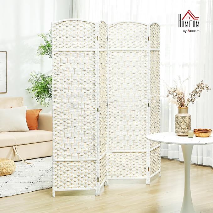 HOMCOM 4 Panel Room Divider, 6' Tall Folding Privacy Screen, Hand-Woven Freestanding Wall Partition for Home Office, Bedroom, White