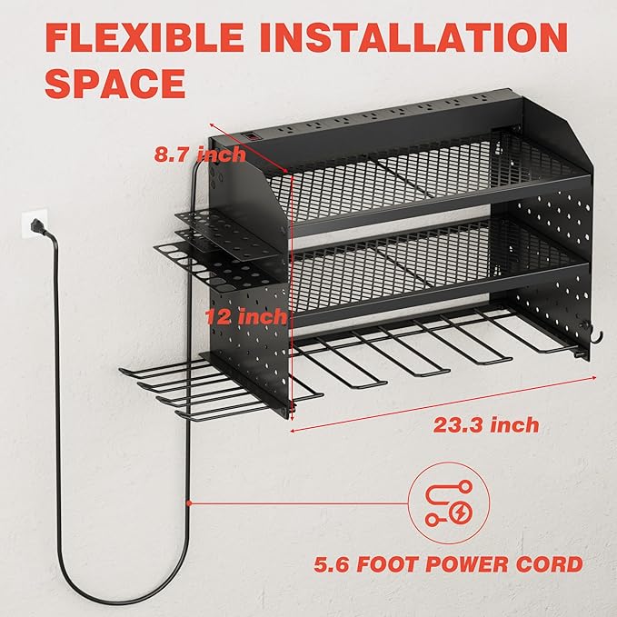 VDEVY Power Tool Organizer Wall Mount with Charging Station, 8 Outlet Heavy Duty Metal Garage Tool Storage Rack, 23 Inch 3 Tier Shelves for Workshop & Garage Organization