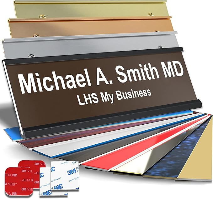 Custom Name Plate with Choice of Mounting for Walls, Doors, Cubicles, Hanging and More - Personalized Brown Plastic White Letters - USA Made 2x10 - B25