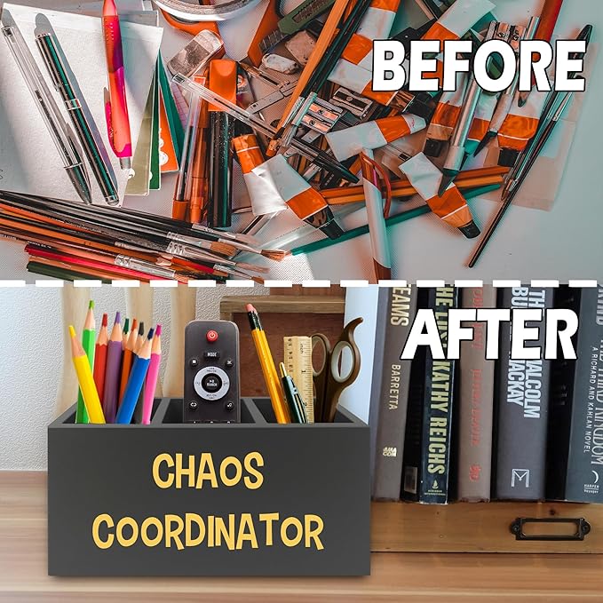XPH Chaos Coordinator Black Yellow Pen Pencil Holder Organizer for Desk, Thank You Gifts for Women Men Coworkers Boss Leader Manager, Appreciation Gifts Wooden Box Sign for Desk Tabletop Decorations