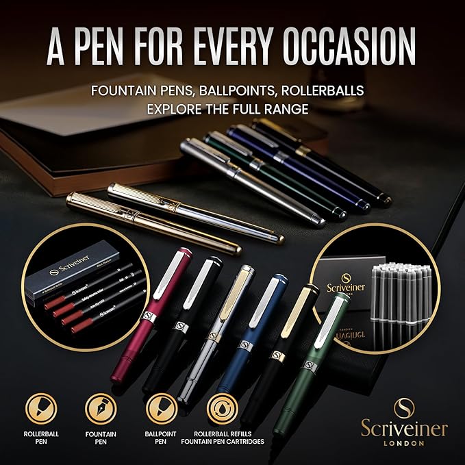 Scriveiner Personalized Midnight Blue Fountain Pen - Stunning Blue Lacquer Luxury Pen, Chrome Finish, German Schmidt Nib (Medium), Best Engraved Pen Gift Set for Men & Women, Name Engraving