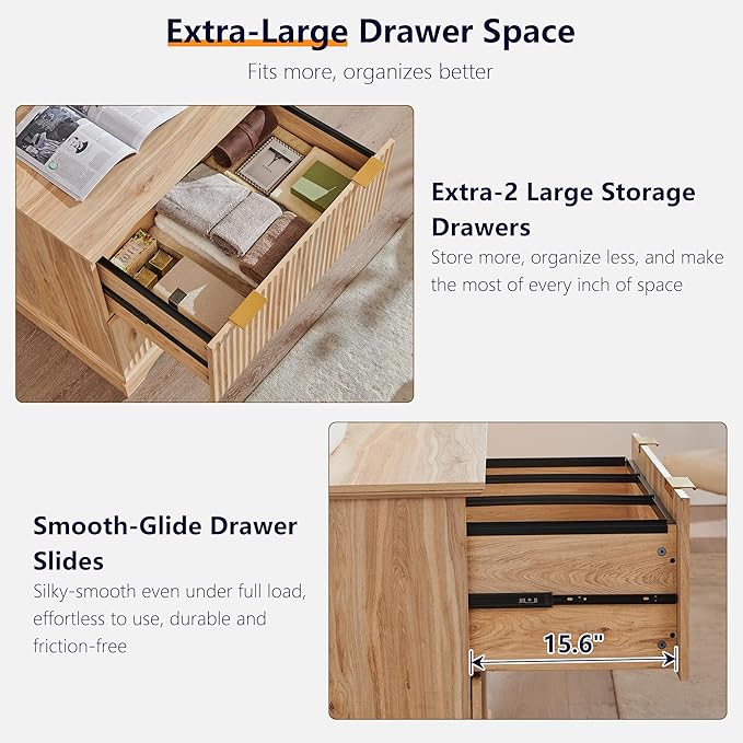 JXQTLINGMU 2 Drawer File Cabinet with Charging Station, 30" Fluted Lateral File Cabinet w/Files Hanging Rod for Letter/Legal/A4, Large Tabletop for Printer, Office Wood Printer Cabinets, Oak
