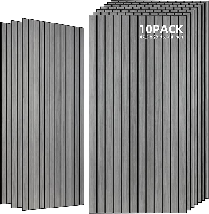 TO-TH Wood-Look Acoustic Wall Panels, 10 Pack 47.2” x 23.6” Sound Panels, Decorative Wood Panels for Wall Sound Dampening Panels for Home, Office, Basement, Gray Oak with Mitered Edges