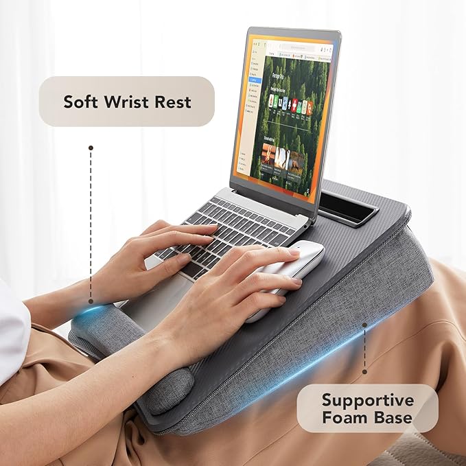HUANUO Lap Laptop Desk - Portable Lap Desk with Pillow Cushion, Fits up to 15.6 inch Laptop, with Anti-Slip Strip & Storage Function for Home Office Students Use as Computer Laptop Stand - Grey
