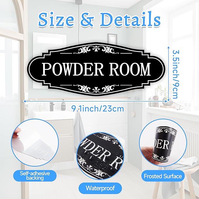 Powder Room Sign Sticker for Business and Home，Self-adhesive Cute Powder Room Door Decor，Waterproof Guest Bathroom Decals for House，Office，Shop