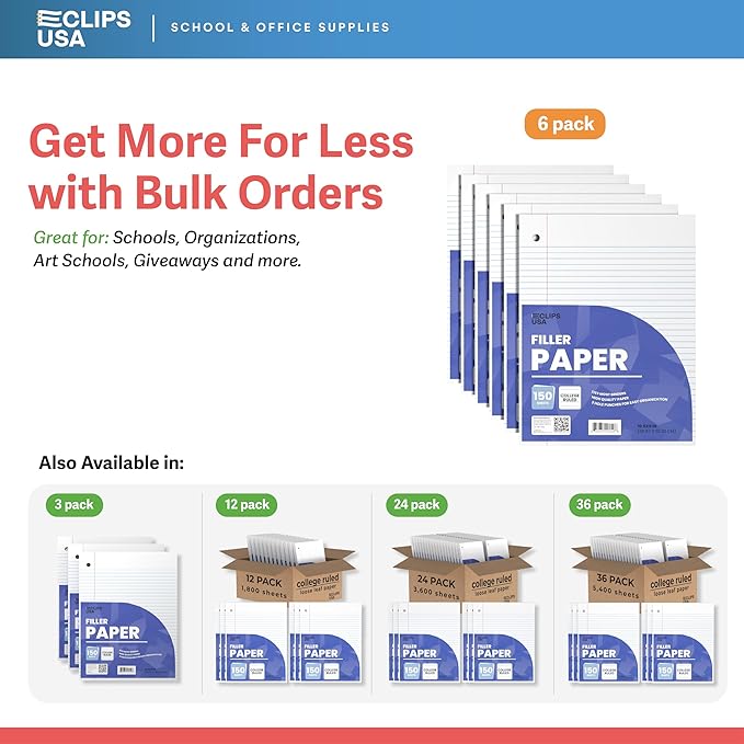 Loose Leaf Paper College Ruled Notebook Paper College Ruled Lined Writing Filler Paper 10.5” x 8” 900 Sheets 150 Sheets Per Pack 60 gsm (6 Pack)