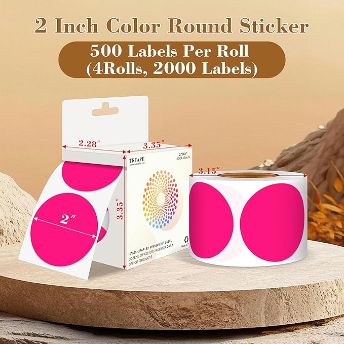 2 Inch Color Coding Round Labels (2000Pcs, 4 Rolls) - Round Color Dot Stickers for Inventory, Pantry, Warehouse Organization - Fluorescent Pink Circle Dot Labels