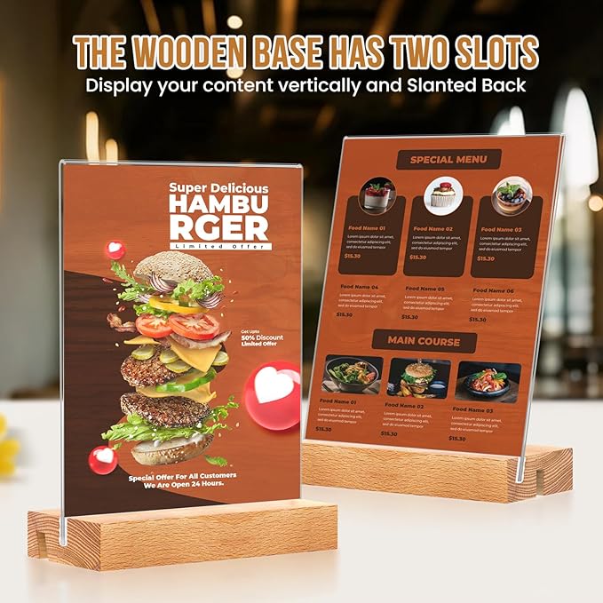 EthPul 16 Pack 5x7 Acrylic Sign Holder with Wood Base Vertical and Slant Displays, Clear Plastic Flyer Display Stand, Paper photo Table Menu Sign Frame Suitable for Restaurants, Office, Store, Hotels
