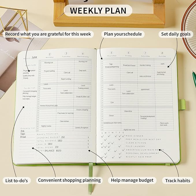 Crein Lynh 2025-2027 Premium Planner, Weekly & Monthly Calendar Planner with Budget & Goal Setting, January 2025 – December 2027, Tabs, Inner Pocket, Daily Journal Organizer for Women, A5, Green