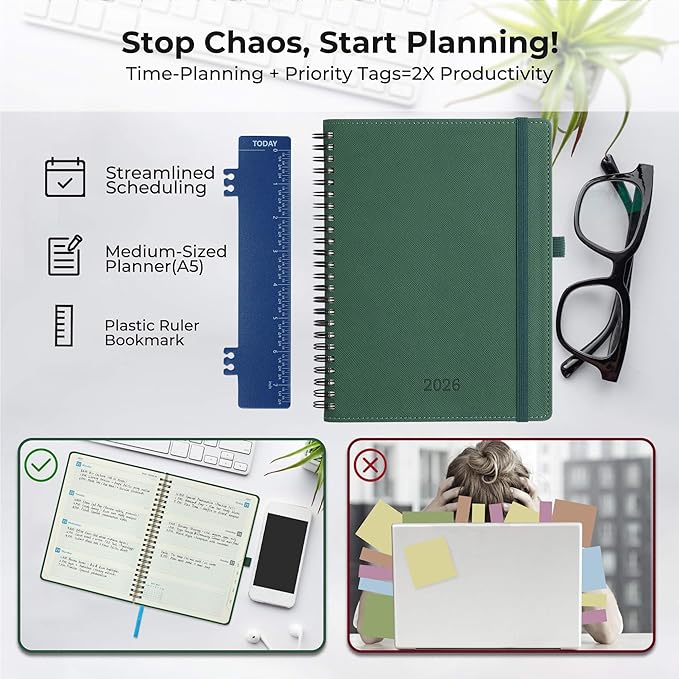 IN-LUXPRO Planner 2026 Daily Weekly and Monthly,8.5"x6.5",12 Months Spiral Bound Calendar Agenda with Self-adhesive Pen Holder,2026 Appointment Book with Vegan Leather Soft Cover,Green