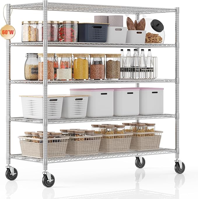 Homdox 5 Tier Storage Racks and Shelving, 24"x60"x82" Heavy Duty Metal Shelves for Storage, 3000LBS Commercial Adjustable Wire Shelving Unit on Wheels for Garage, Pantry, Kitchen, Warehouses, Chrome