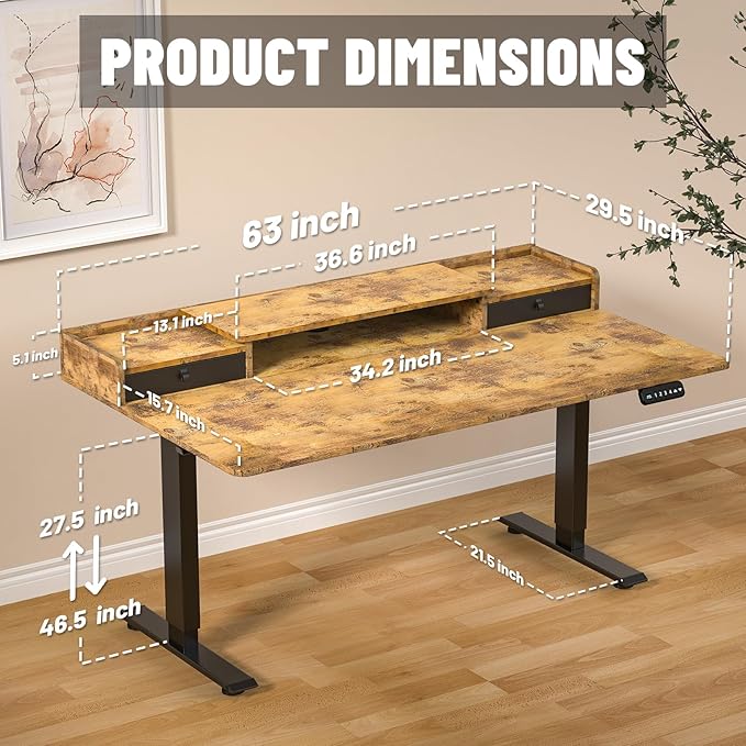 ExaDesk 63 x 30 Inch Electric Standing Desk with 2 Drawers, Adjustable Height Widened Stand Up Desk with Storage, Sit to Stand Ergonomic Workstation for Home Office, Rustic Brown