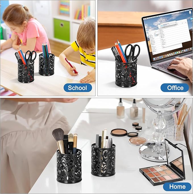 EasyPAG Black Pen Holder for Desk, 2 Pack Round Pen Organizer, Brush Holder for Vanity, Metal Pencil Cup Organizer for Home, Office, Classroom, School