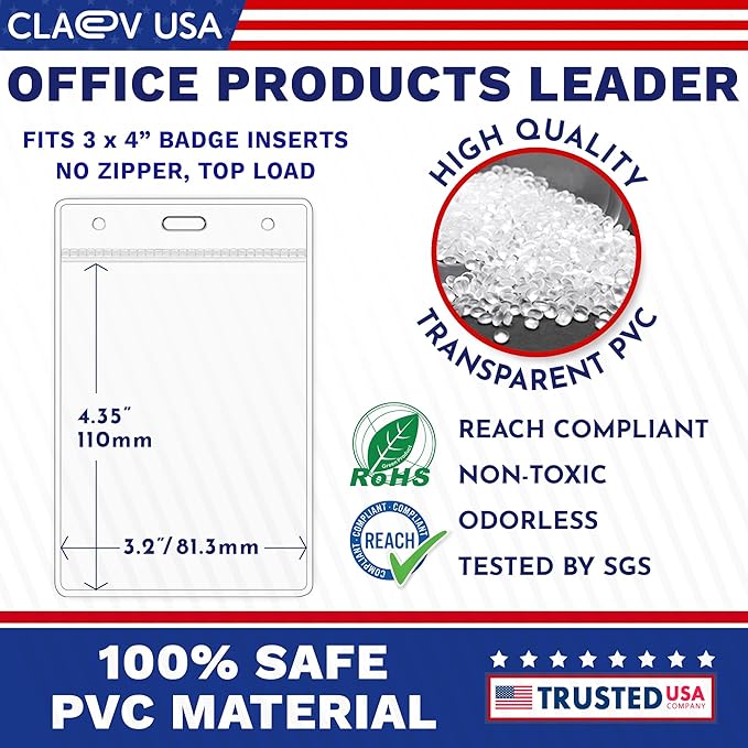 Claev Vertical Large (L) Flexible and Tear Resistant ID Badge Holders (Clear, 3x4 Inch, 100 Pack), Clear Easy Open Plastic Name Card Holders for Conferences, Conventions, Offices & Schools