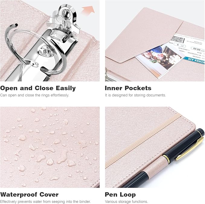 Ospelelf Vintage Hardcover 3 Ring 1 inch Leather Binder, Professional Binders Organizer Suitable for Letter Size Documents, Binder Dividers with Tabs, Faux Rose Gold Leather