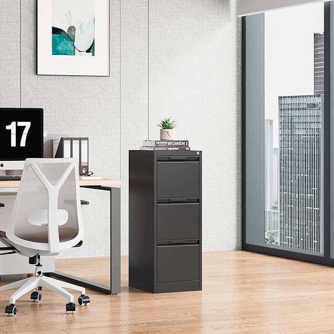 Bestoo 3-Drawer File Cabinet with Lock, Metal Filing Cabinet for Home Office, Vertical Filing Storage Cabinets, Fits File Folders, Letter/Legal/F4/A4 Size, Assembly Required (Black)