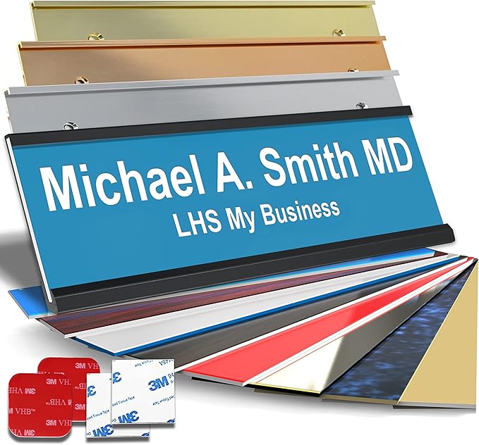 Custom Name Plate with Choice of Mounting for Walls, Doors, Desk Holders, Cubicles, Hanging and More - Personalized Light Blue Plastic White Letters - USA Made 2x8 - B1