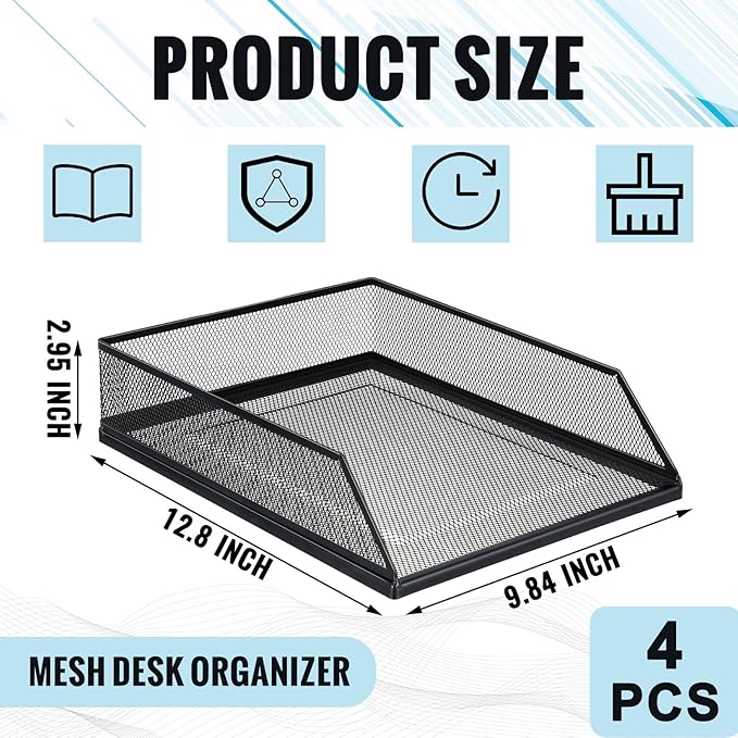 Hicarer 4 Pcs Black Metal Letter Tray Stackable Desk Tray Single Wire Mesh Organizer Front Load File Paper Holder for Desktop Office Home School Classroom (12.8 x 9.84 Inch)