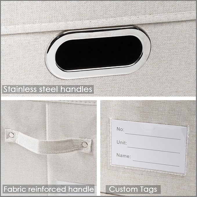 PRANDOM Storage Bins with Lids [3-Pack] Linen Fabric Foldable Storage Boxes Organizer Containers Baskets Cube with Cover for Bedroom Closet Office Beige（11.4X8.6X6.7