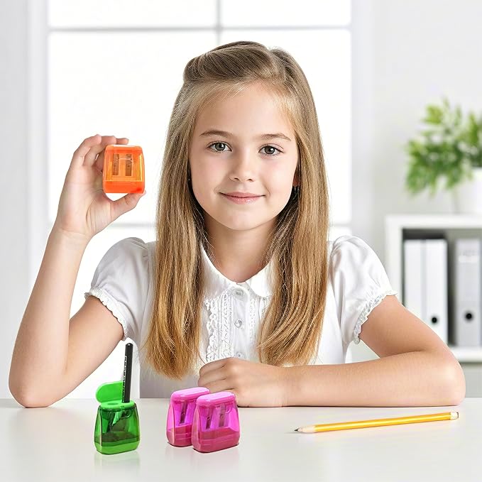 AUSTARK 24Pcs Pencil Sharpener Manual, Assorted Color Small Dual Hole Pencil Sharpeners Bulk with Lid for School Office Home (Geometry-24)